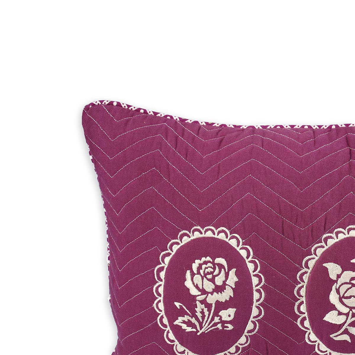 Plum Dominoterie Embroidered Cotton Cushion Cover | Chevron & Rose Motif | Dori Piping | Multiple Sizes