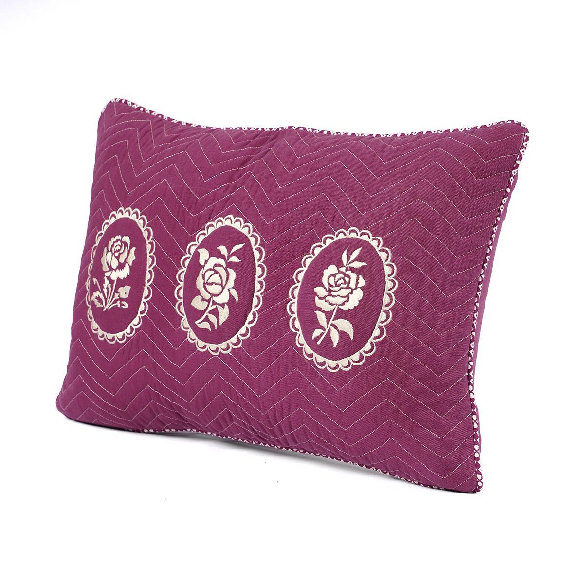 Plum Dominoterie Embroidered Cotton Cushion Cover | Chevron & Rose Motif | Dori Piping | Multiple Sizes