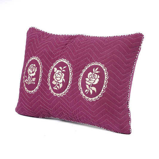 Plum Dominoterie Embroidered Cotton Cushion Cover | Chevron & Rose Motif | Dori Piping | Multiple Sizes