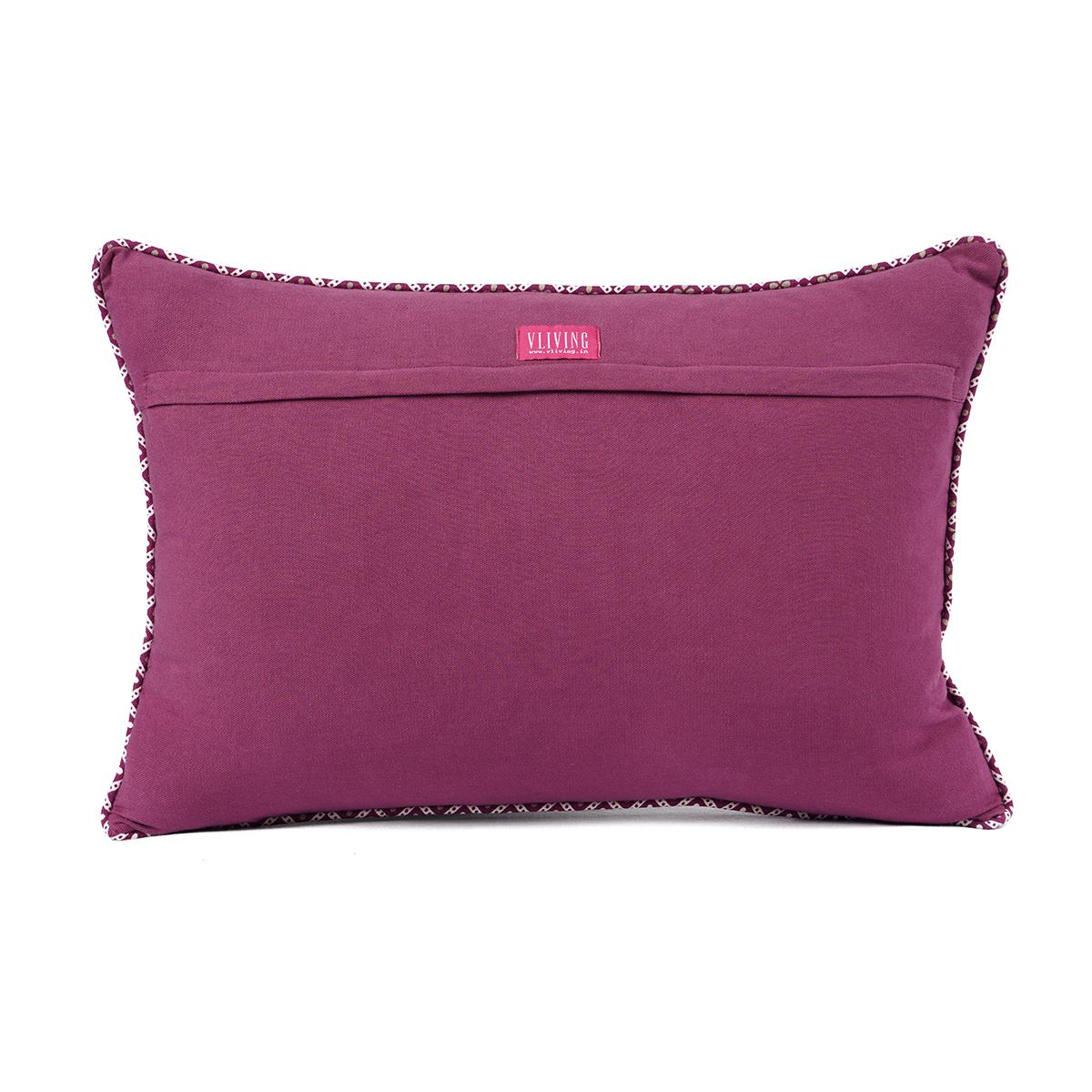Plum Dominoterie Embroidered Cotton Cushion Cover | Chevron & Rose Motif | Dori Piping | Multiple Sizes