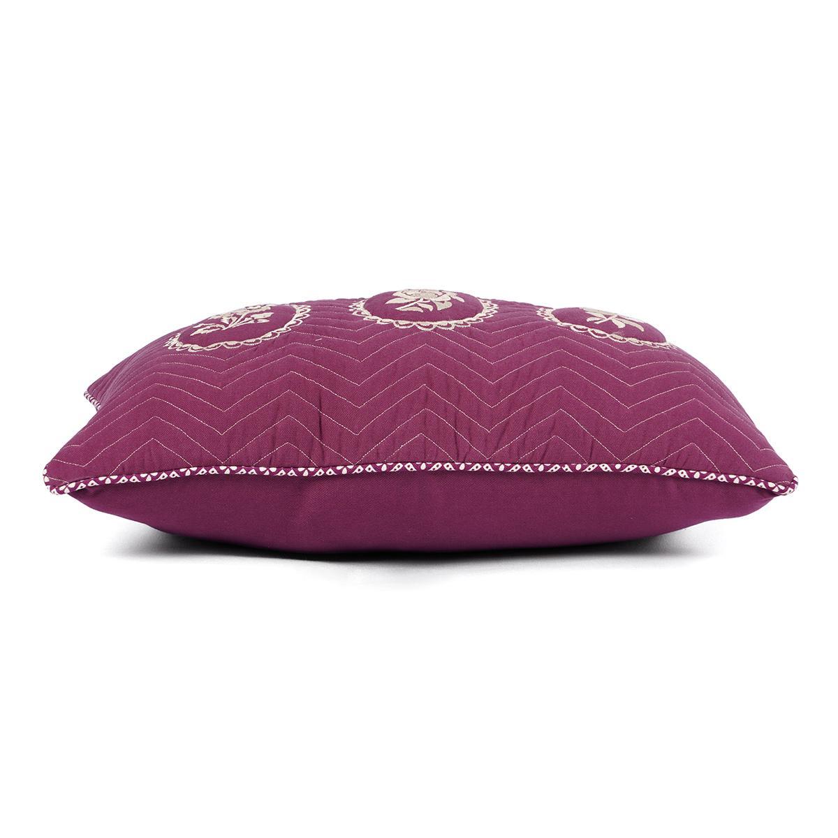 Plum Dominoterie Embroidered Cotton Cushion Cover | Chevron & Rose Motif | Dori Piping | Multiple Sizes