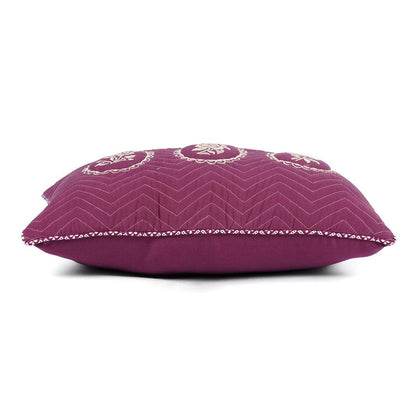 Plum Dominoterie Embroidered Cotton Cushion Cover | Chevron & Rose Motif | Dori Piping | Multiple Sizes
