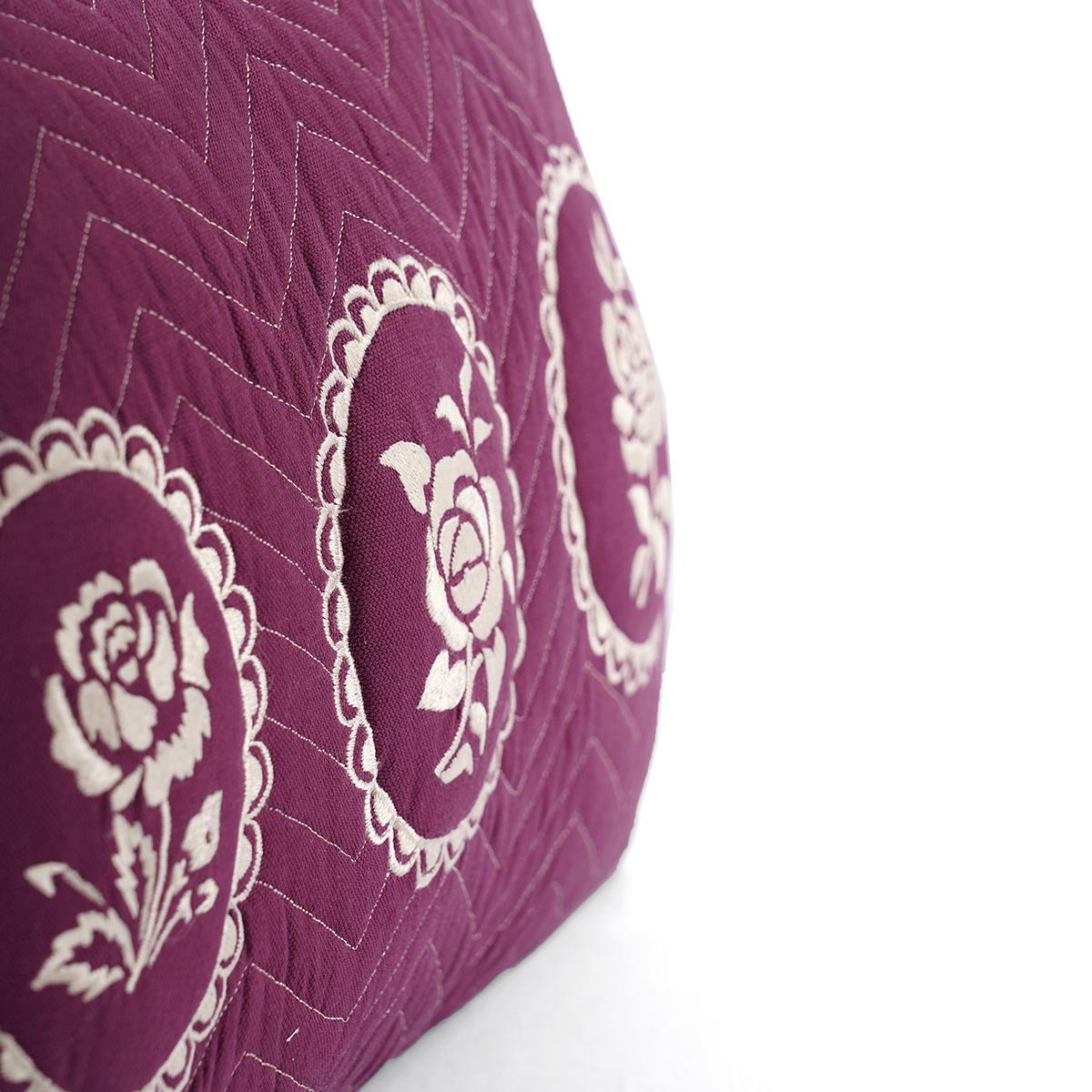 Plum Dominoterie Embroidered Cotton Cushion Cover | Chevron & Rose Motif | Dori Piping | Multiple Sizes
