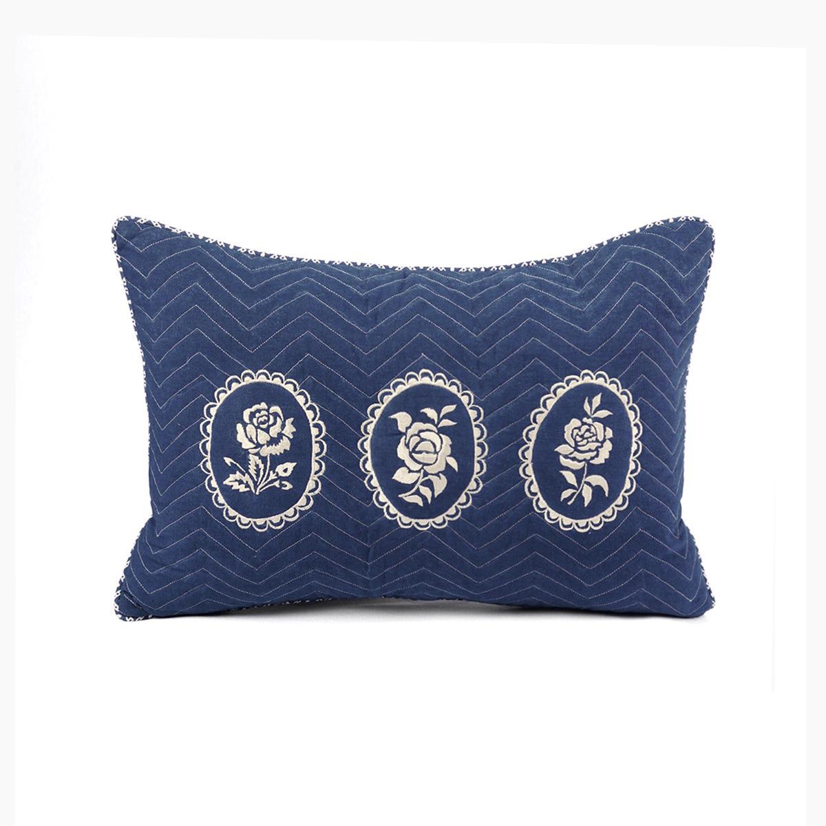 Indigo Dominoterie Embroidered Cotton Cushion Cover | Chevron & Rose Motif | Dori Piping | Multiple Sizes