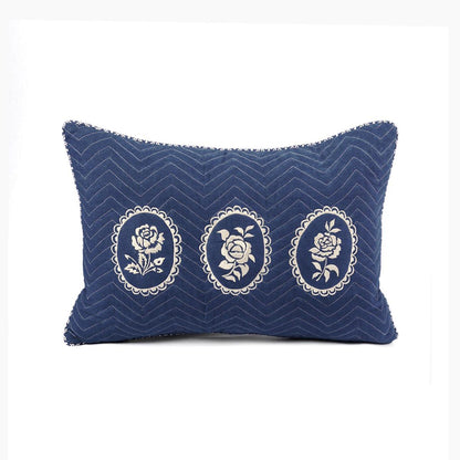Indigo Dominoterie Embroidered Cotton Cushion Cover | Chevron & Rose Motif | Dori Piping | Multiple Sizes