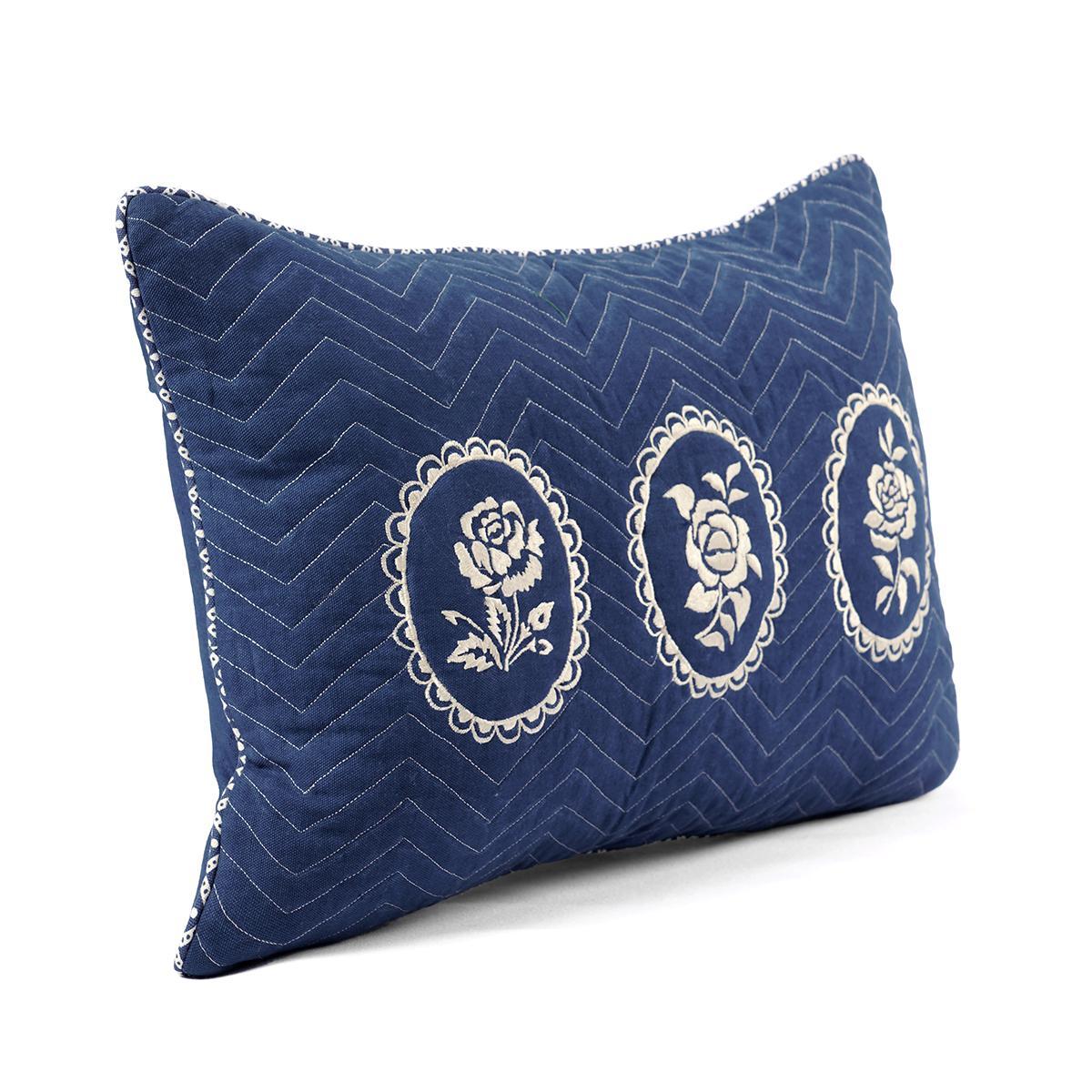 Indigo Dominoterie Embroidered Cotton Cushion Cover | Chevron & Rose Motif | Dori Piping | Multiple Sizes