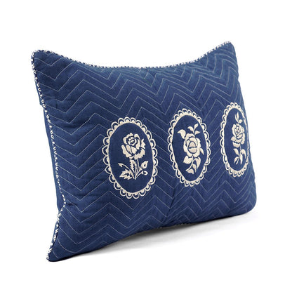 Indigo Dominoterie Embroidered Cotton Cushion Cover | Chevron & Rose Motif | Dori Piping | Multiple Sizes