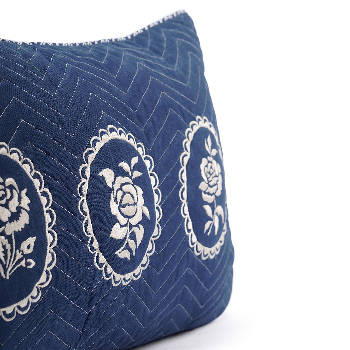 Indigo Dominoterie Embroidered Cotton Cushion Cover | Chevron & Rose Motif | Dori Piping | Multiple Sizes