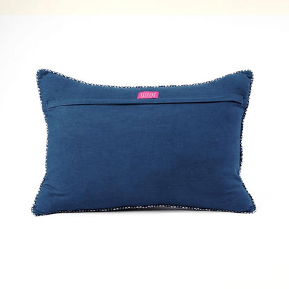Indigo Dominoterie Embroidered Cotton Cushion Cover | Chevron & Rose Motif | Dori Piping | Multiple Sizes