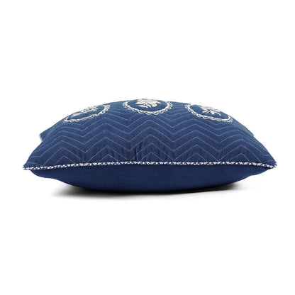 Indigo Dominoterie Embroidered Cotton Cushion Cover | Chevron & Rose Motif | Dori Piping | Multiple Sizes
