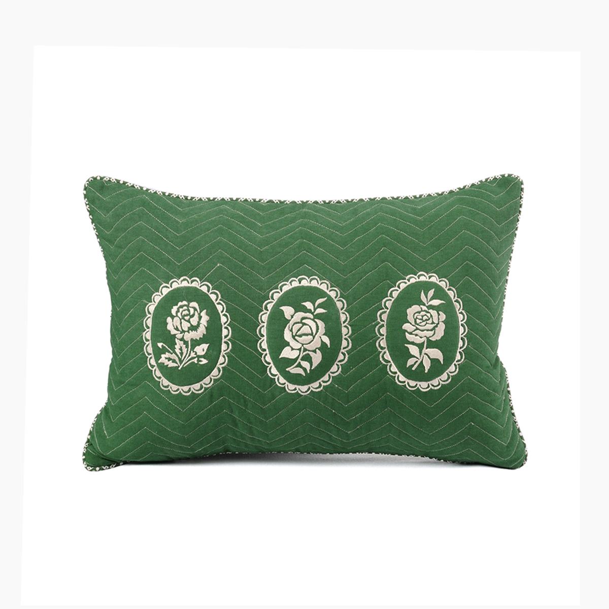Green Dominoterie Embroidered Cotton Cushion Cover | Chevron & Rose Motif | Dori Piping | Multiple Sizes