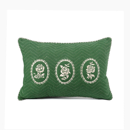 Green Dominoterie Embroidered Cotton Cushion Cover | Chevron & Rose Motif | Dori Piping | Multiple Sizes