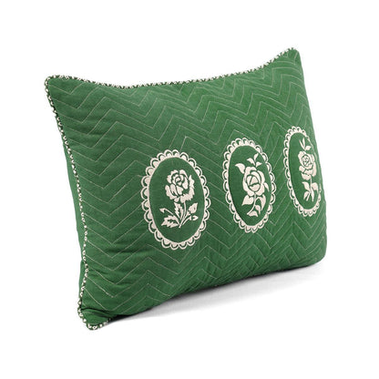 Green Dominoterie Embroidered Cotton Cushion Cover | Chevron & Rose Motif | Dori Piping | Multiple Sizes