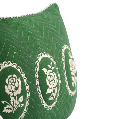 Green Dominoterie Embroidered Cotton Cushion Cover | Chevron & Rose Motif | Dori Piping | Multiple Sizes
