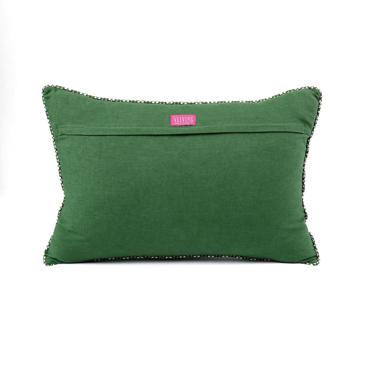 Green Dominoterie Embroidered Cotton Cushion Cover | Chevron & Rose Motif | Dori Piping | Multiple Sizes