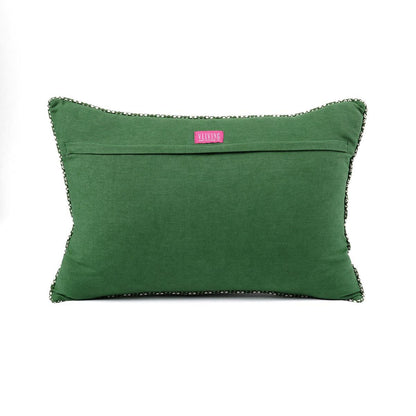 Green Dominoterie Embroidered Cotton Cushion Cover | Chevron & Rose Motif | Dori Piping | Multiple Sizes