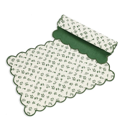 Green Scalloped Cotton Placemat | Floral Block Print | 13×19 Inches | Set of 2, 4 & 6