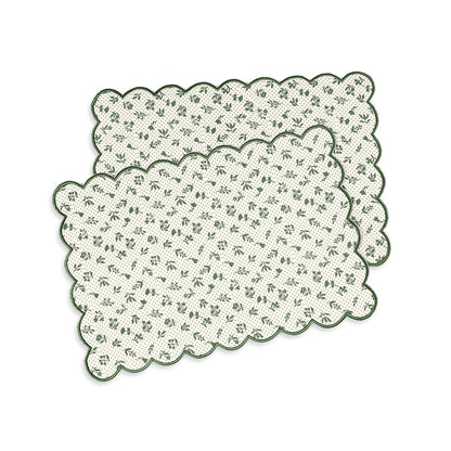 Green Scalloped Cotton Placemat | Floral Block Print | 13×19 Inches | Set of 2, 4 & 6
