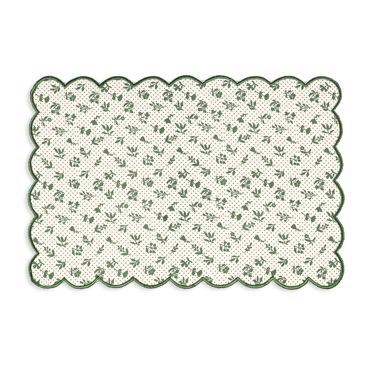 Green Scalloped Cotton Placemat | Floral Block Print | 13×19 Inches | Set of 2, 4 & 6
