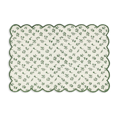 Green Scalloped Cotton Placemat | Floral Block Print | 13×19 Inches | Set of 2, 4 & 6