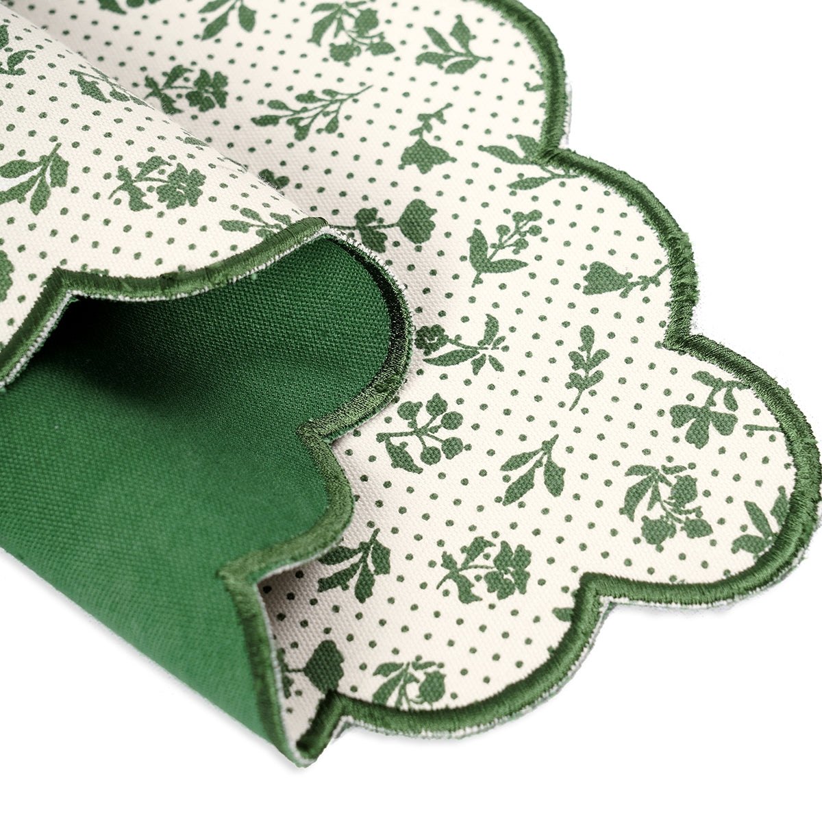Green Scalloped Cotton Placemat | Floral Block Print | 13×19 Inches | Set of 2, 4 & 6