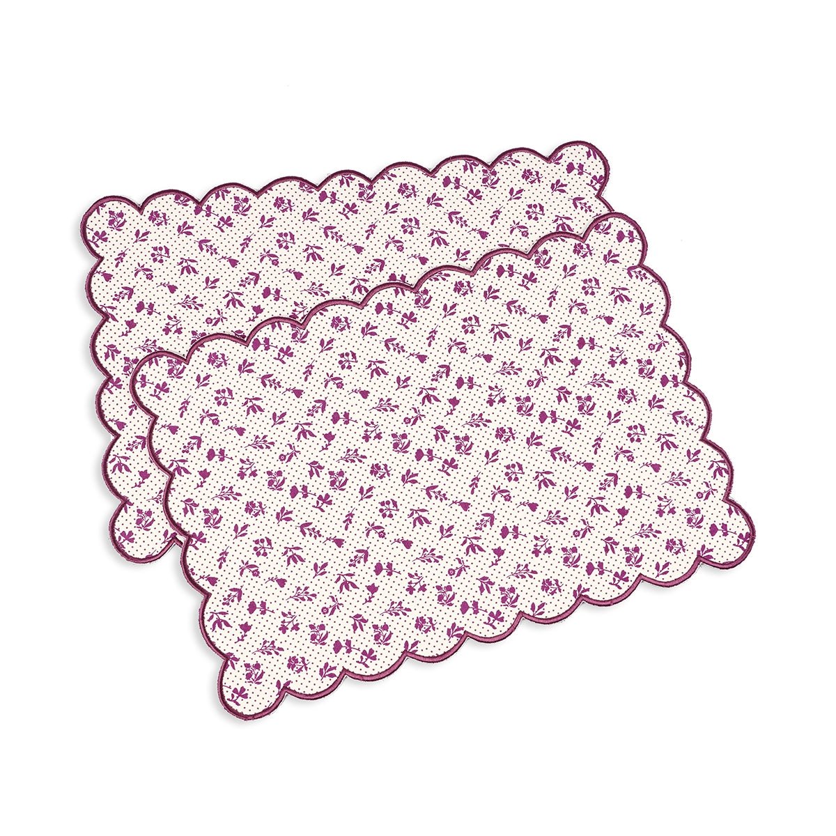 Maroon & Plum Scalloped Cotton Placemat | Floral Block Print | 13×19 Inches | Set of 2, 4 & 6