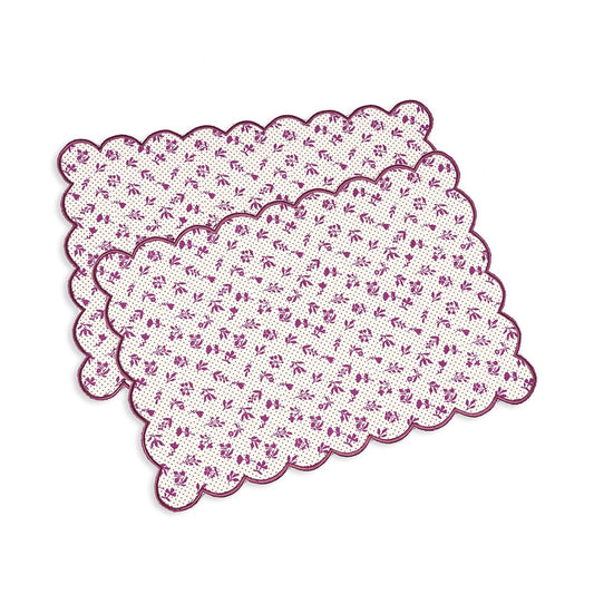 Maroon & Plum Scalloped Cotton Placemat | Floral Block Print | 13×19 Inches | Set of 2, 4 & 6