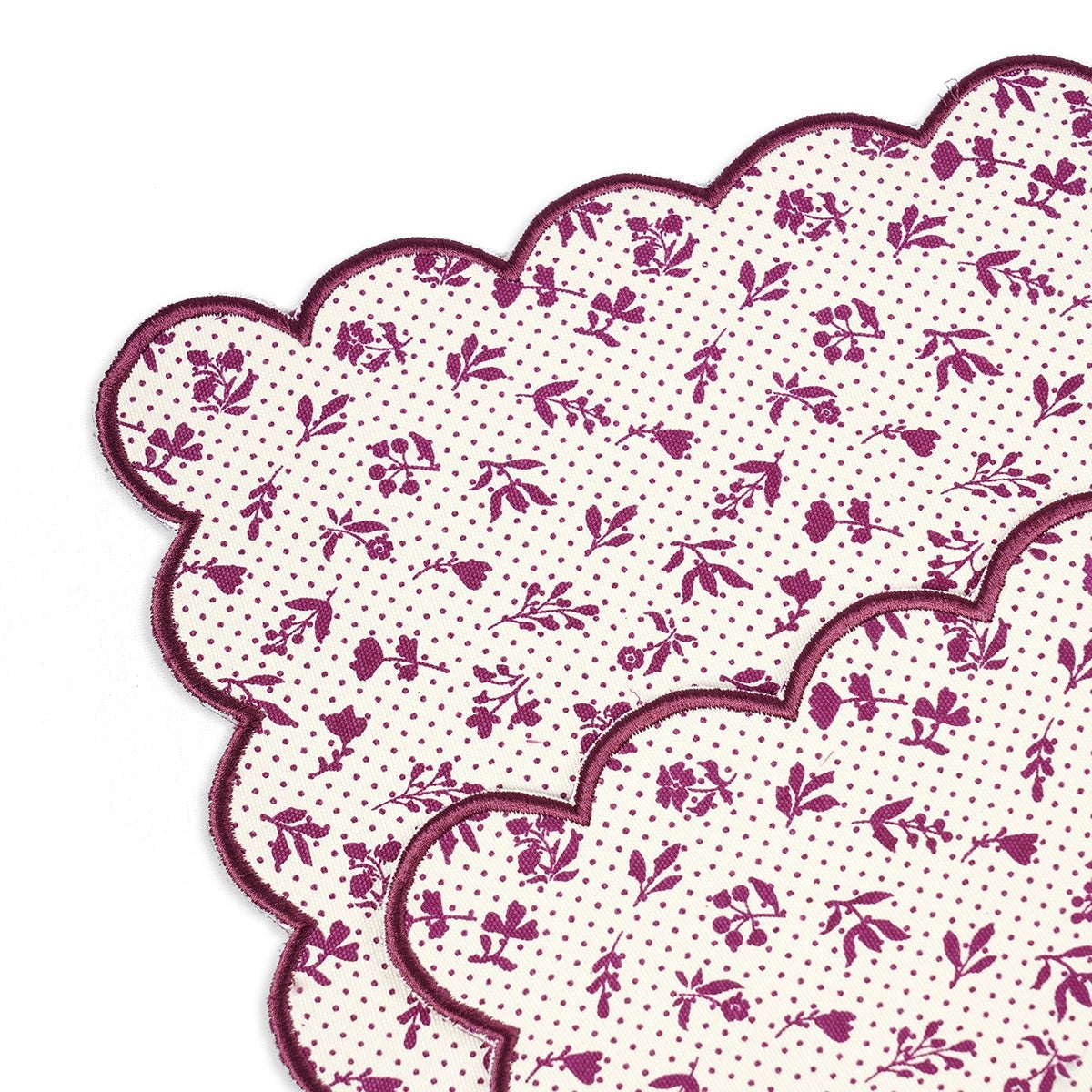 Maroon & Plum Scalloped Cotton Placemat | Floral Block Print | 13×19 Inches | Set of 2, 4 & 6