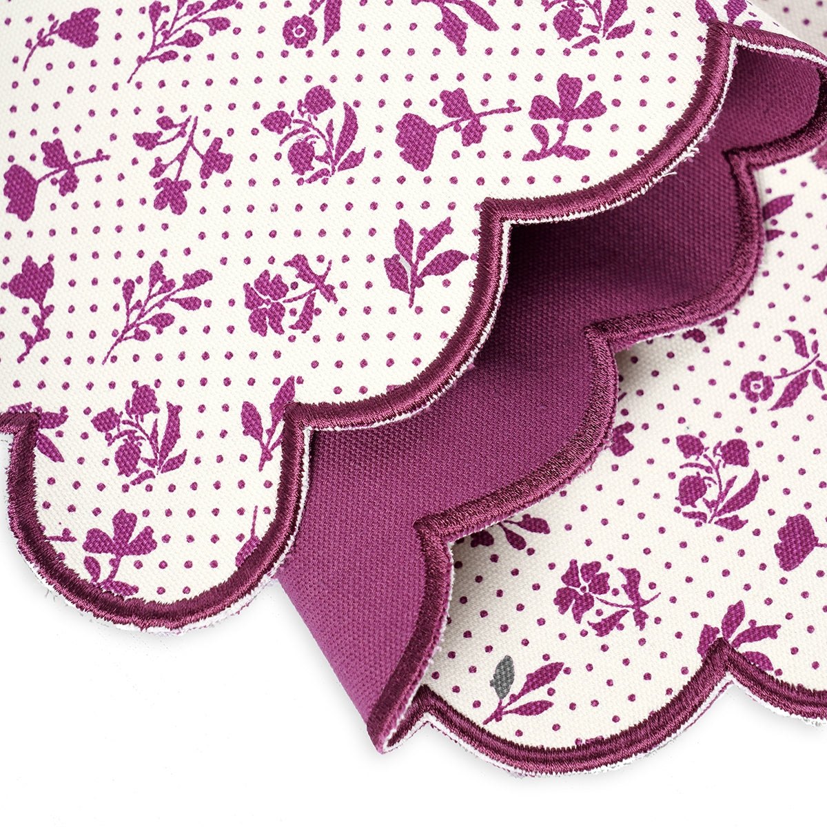 Maroon & Plum Scalloped Cotton Placemat | Floral Block Print | 13×19 Inches | Set of 2, 4 & 6
