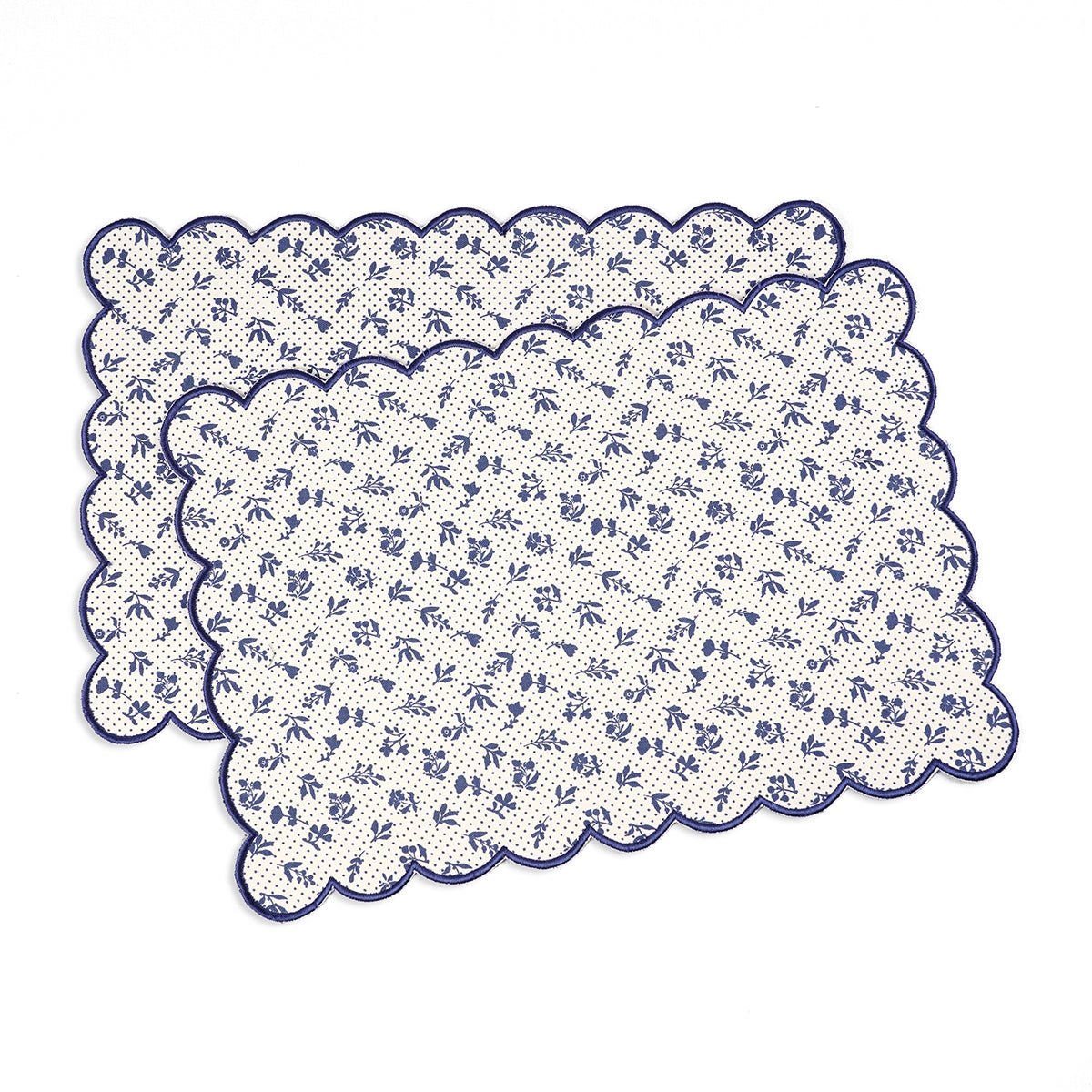 Indigo Blue Scalloped Cotton Placemat with Floral Block Print