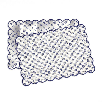 Indigo Blue Scalloped Cotton Placemat with Floral Block Print