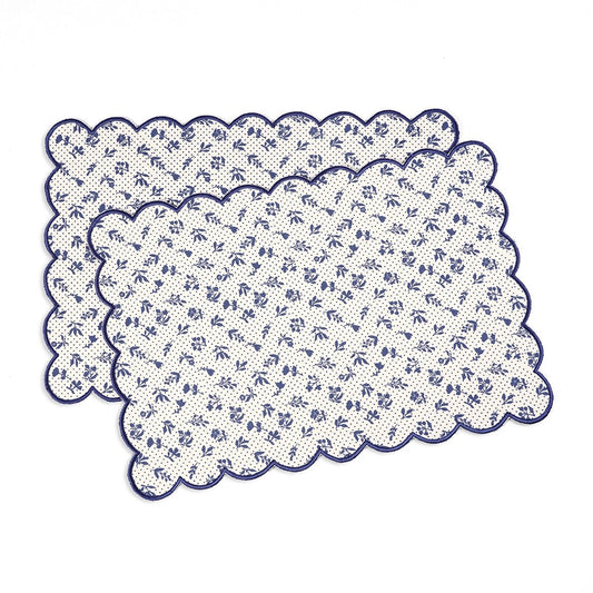 Indigo Blue Scalloped Cotton Placemat | Floral Block Print | 13×19 Inches | Set of 2, 4 & 6