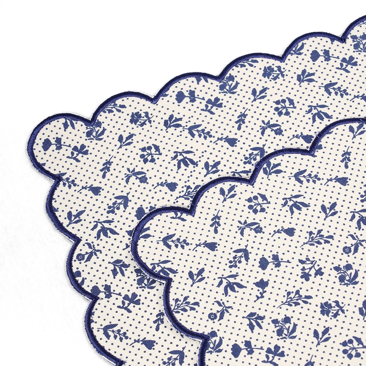 Indigo Blue Scalloped Cotton Placemat with Floral Block Print