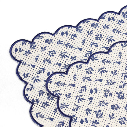 Indigo Blue Scalloped Cotton Placemat | Floral Block Print | 13×19 Inches | Set of 2, 4 & 6