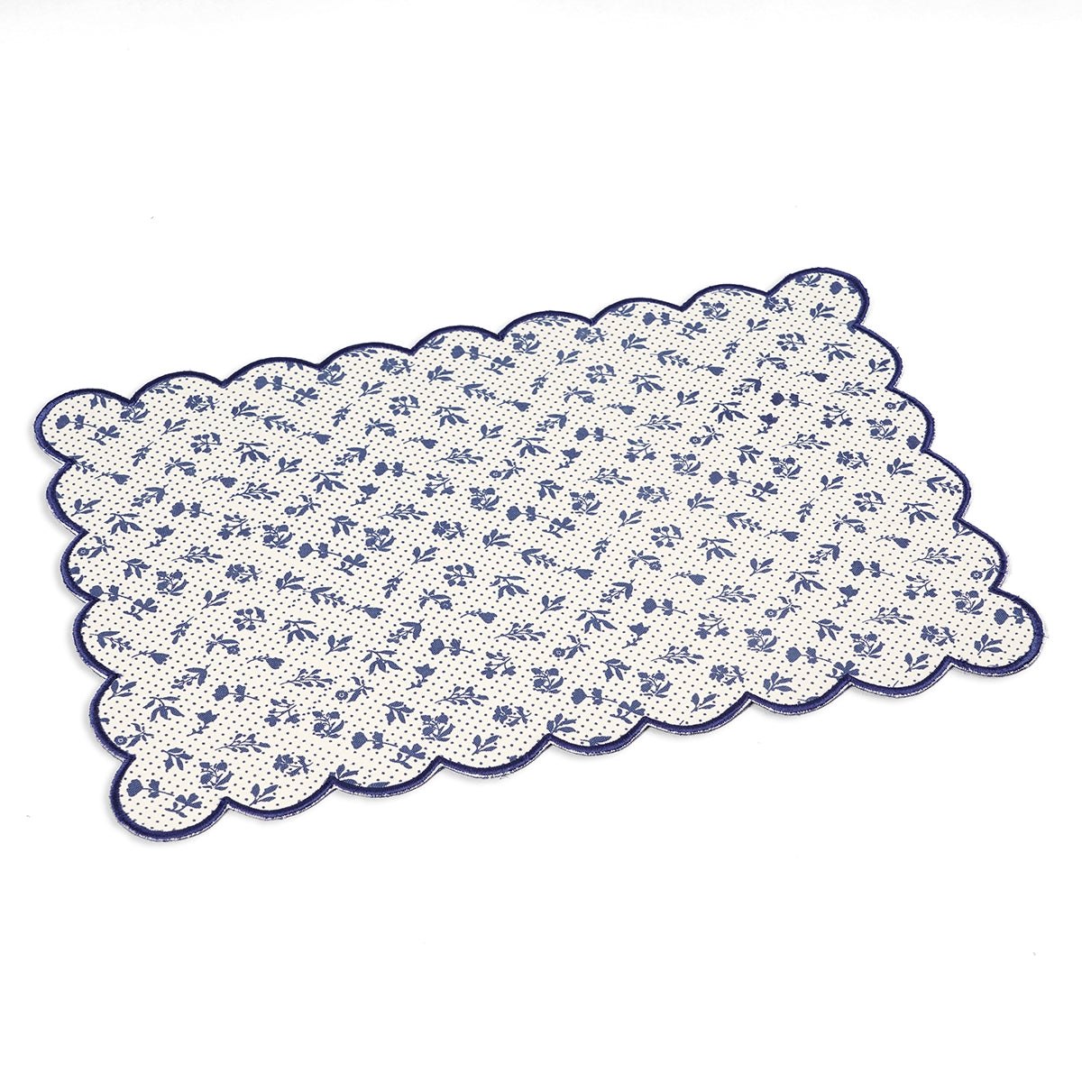 Indigo Blue Scalloped Cotton Placemat | Floral Block Print | 13×19 Inches | Set of 2, 4 & 6
