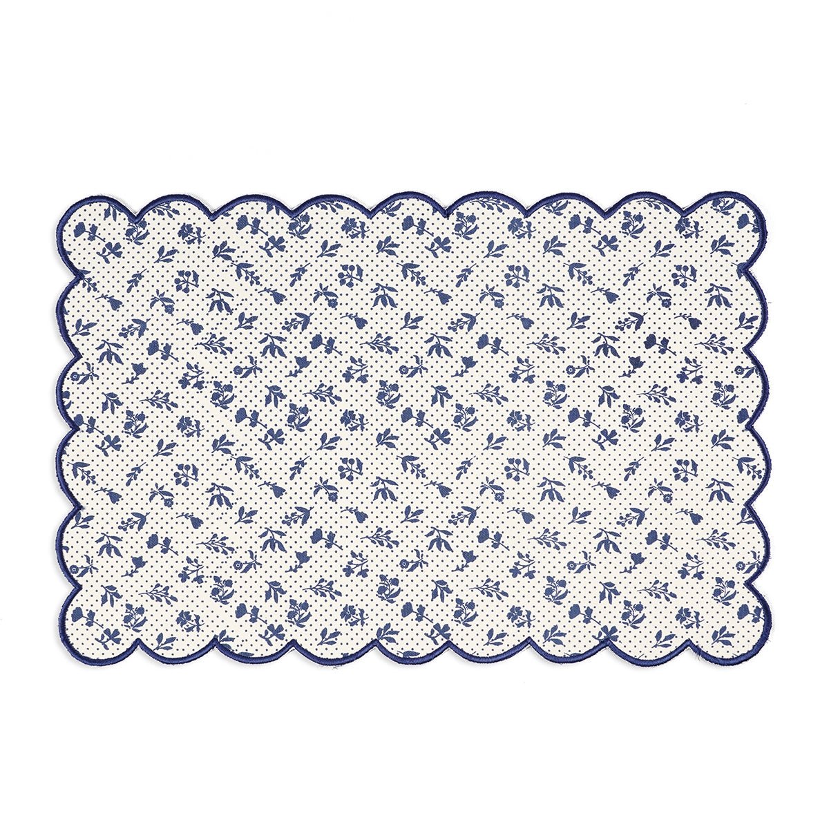 Indigo Blue Scalloped Cotton Placemat with Floral Block Print