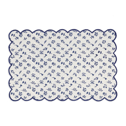 Indigo Blue Scalloped Cotton Placemat with Floral Block Print