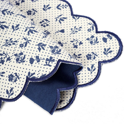 Indigo Blue Scalloped Cotton Placemat with Floral Block Print