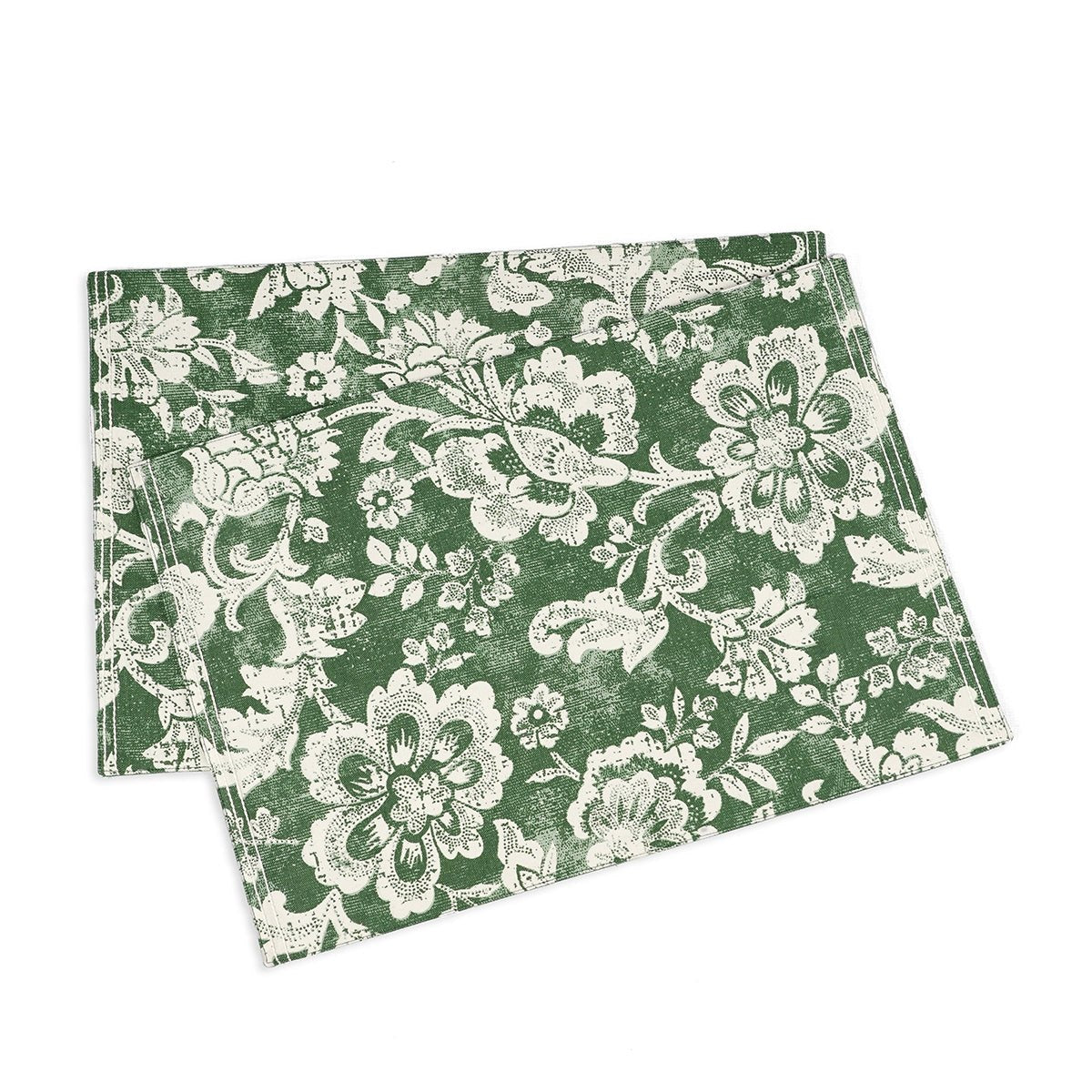Green Cotton Placemat | Bold Floral Block Print | Anchor Stitch Embroidery | 13×19 Inches | Set of 2, 4 & 6