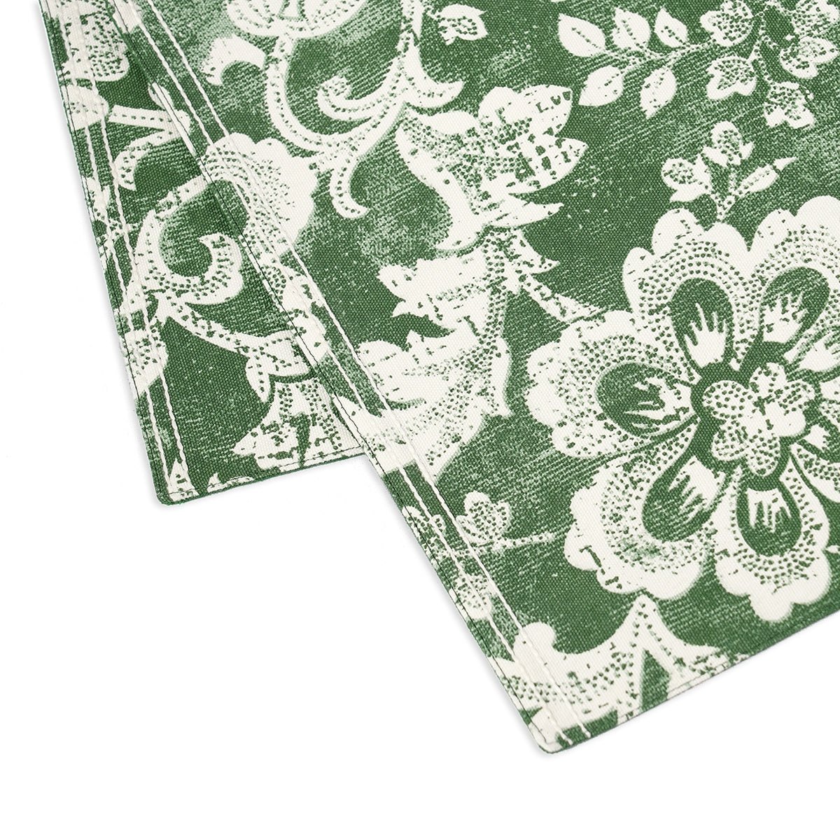 Green Cotton Placemat | Bold Floral Block Print | Anchor Stitch Embroidery | 13×19 Inches | Set of 2, 4 & 6