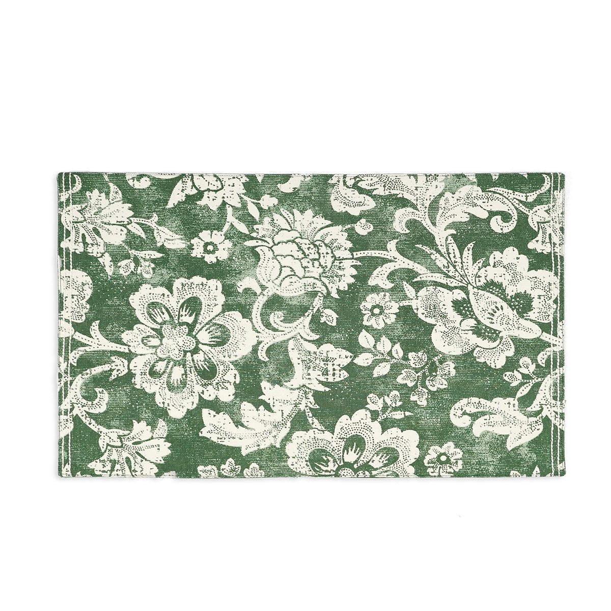 Green Cotton Placemat | Bold Floral Block Print | Anchor Stitch Embroidery | 13×19 Inches | Set of 2, 4 & 6