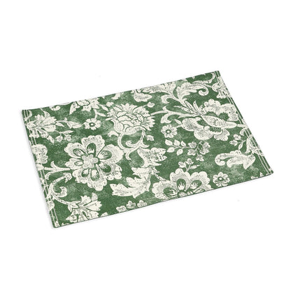 Green Cotton Placemat | Bold Floral Block Print | Anchor Stitch Embroidery | 13×19 Inches | Set of 2, 4 & 6