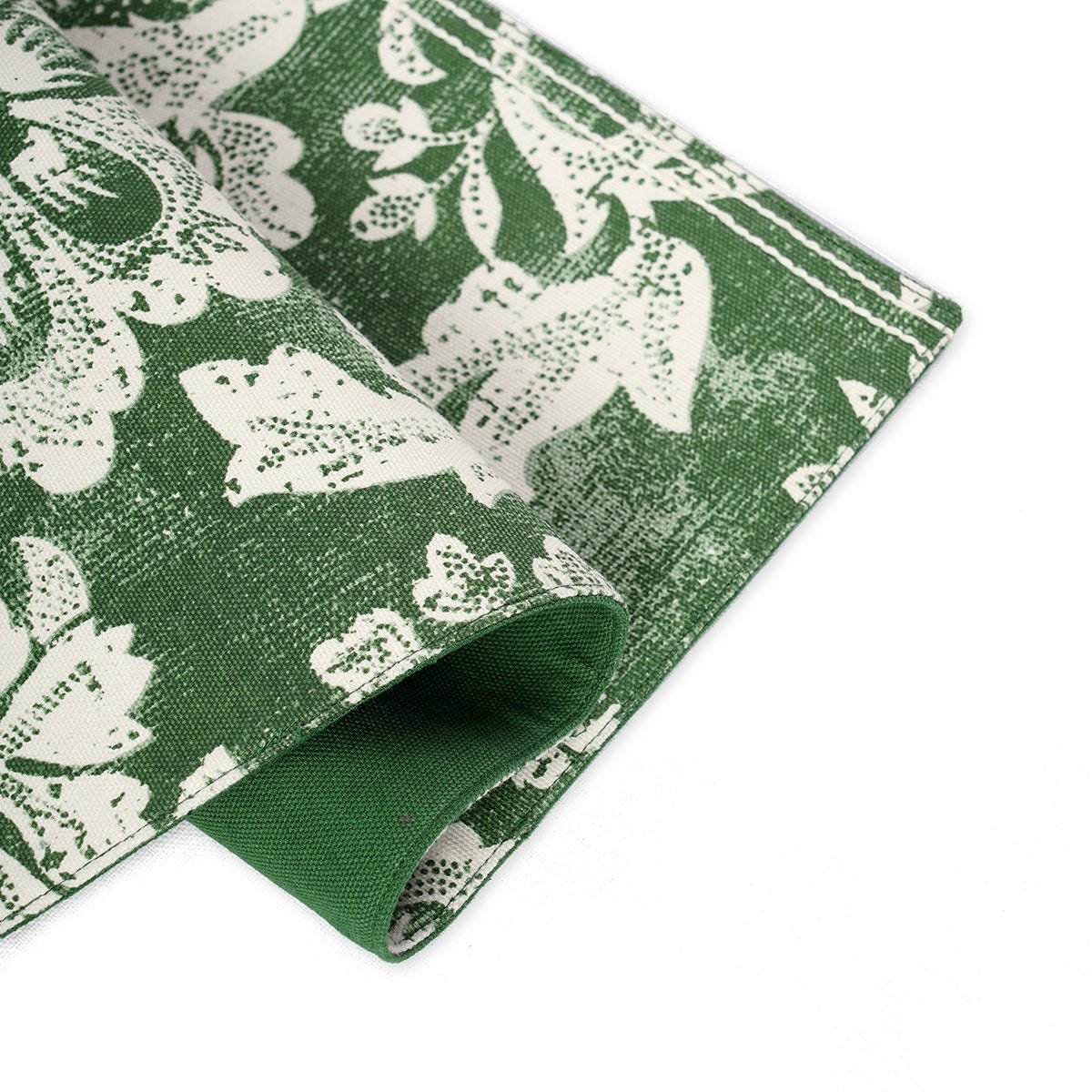 Green Cotton Placemat | Bold Floral Block Print | Anchor Stitch Embroidery | 13×19 Inches | Set of 2, 4 & 6