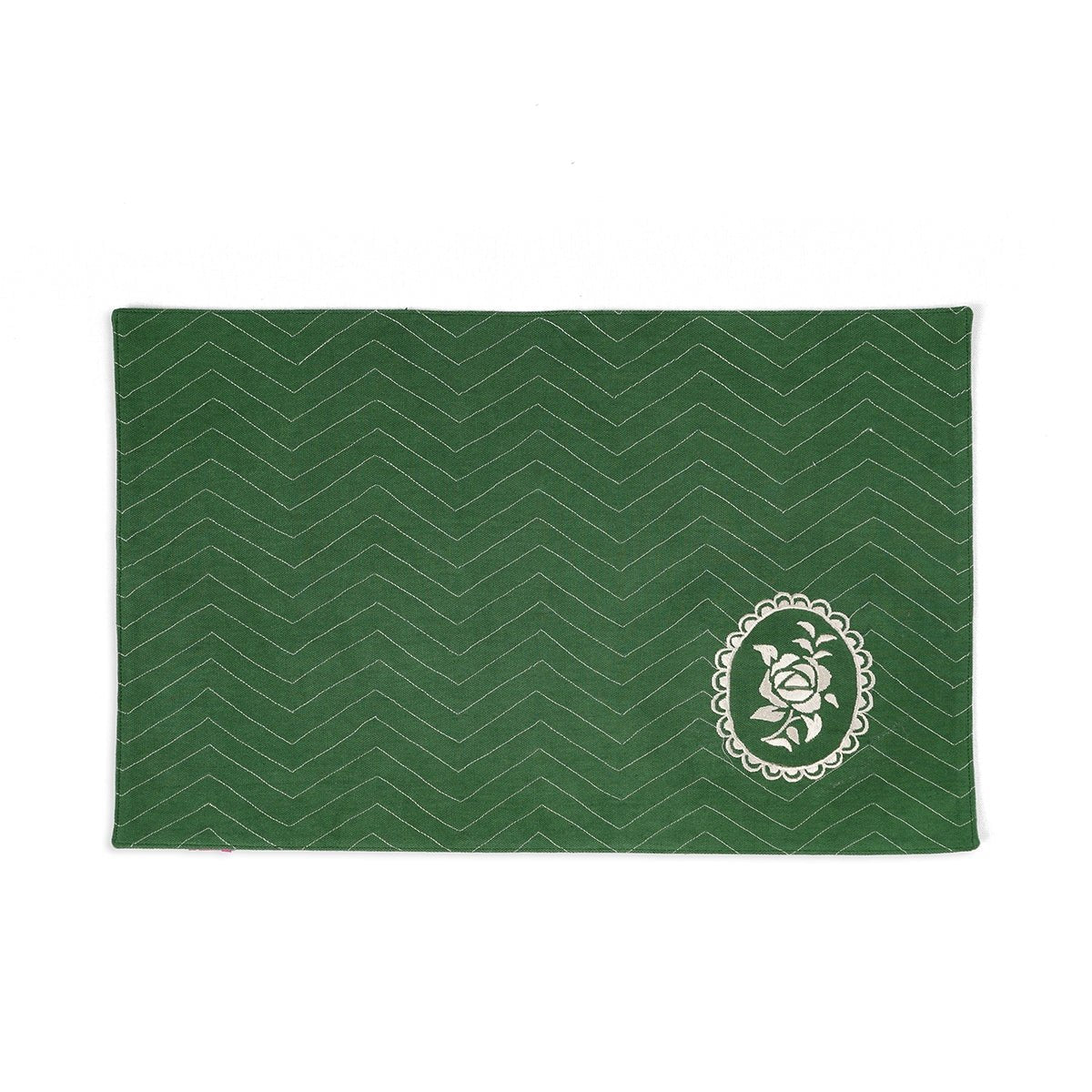 Green Dominoterie Rose Embroidered Placemat | 13×19 Inches | Set of 2, 4 & 6