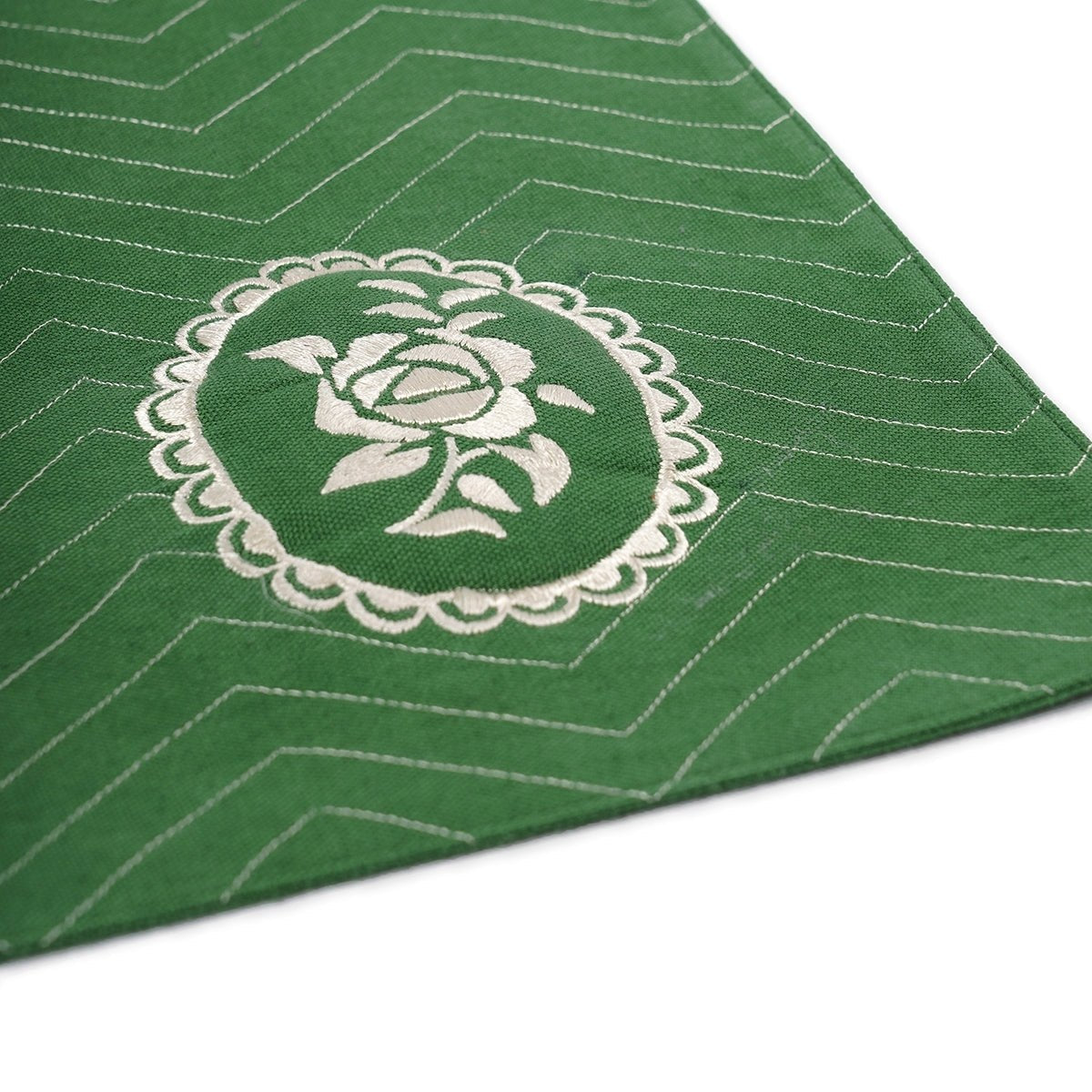 Green Dominoterie Rose Embroidered Placemat | 13×19 Inches | Set of 2, 4 & 6