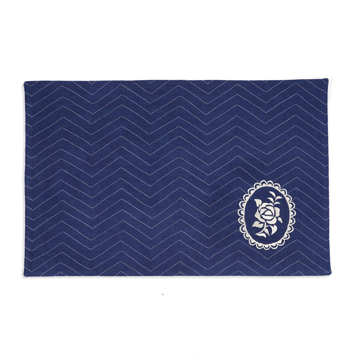 Indigo Blue Dominoterie Rose Embroidered Placemat | 13×19 Inches | Set of 2, 4 & 6