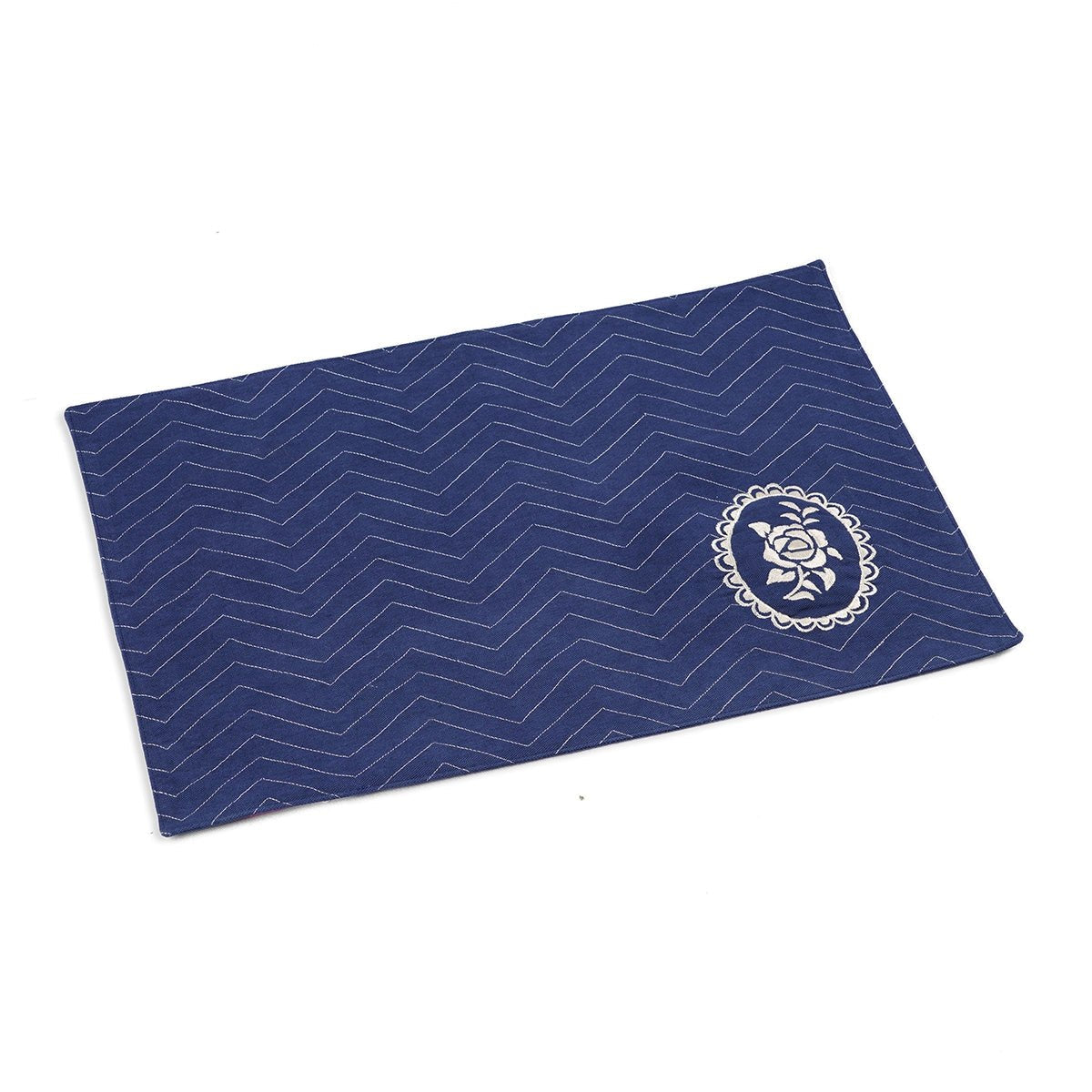 Indigo Blue Cotton Placemat with Chevron Rose Embroidery