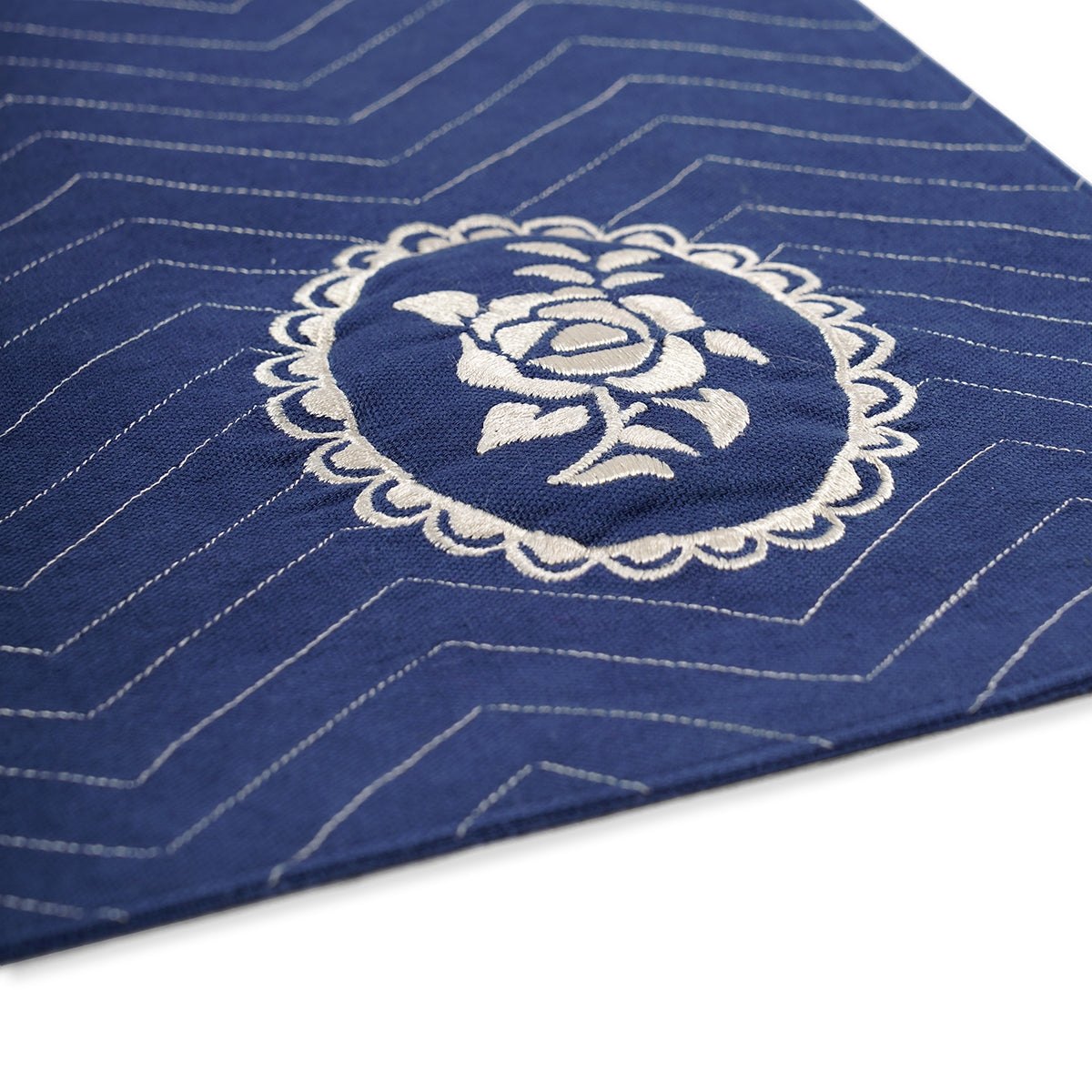 Indigo Blue Cotton Placemat with Chevron Rose Embroidery