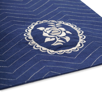 Indigo Blue Dominoterie Rose Embroidered Placemat | 13×19 Inches | Set of 2, 4 & 6