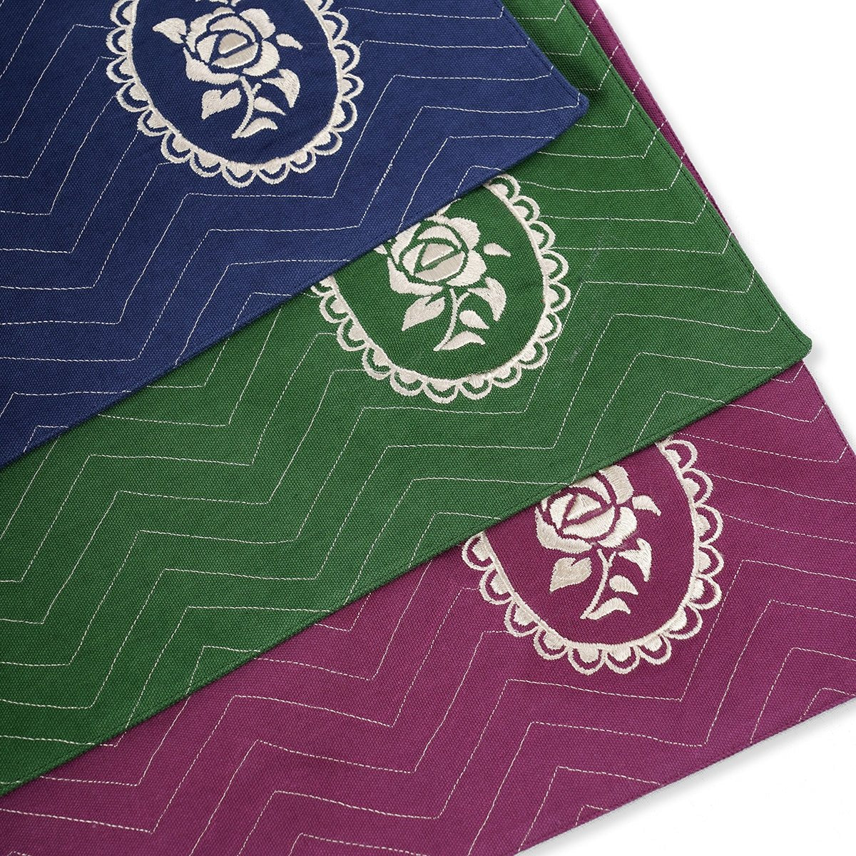 Indigo Blue Dominoterie Rose Embroidered Placemat | 13×19 Inches | Set of 2, 4 & 6